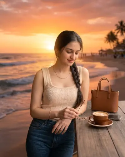 Couple at sunset beach: sample result of AI photo editing prompts
